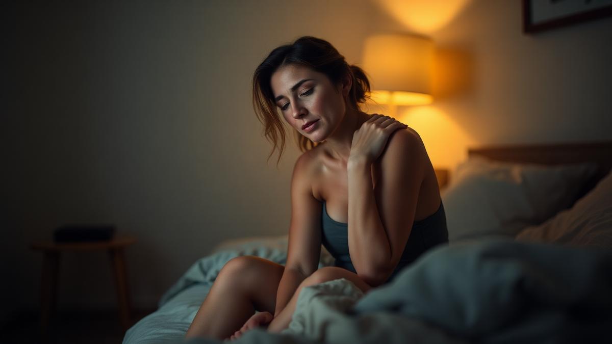 Tired woman awake at night sitting on the edge of her bed
