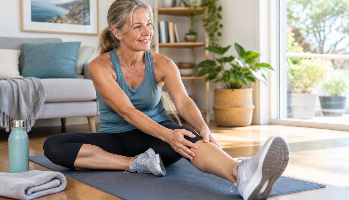 Woman stretching comfortably on a yoga mat at home