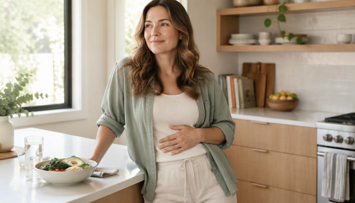 Woman standing comfortably in a bright kitchen after a meal