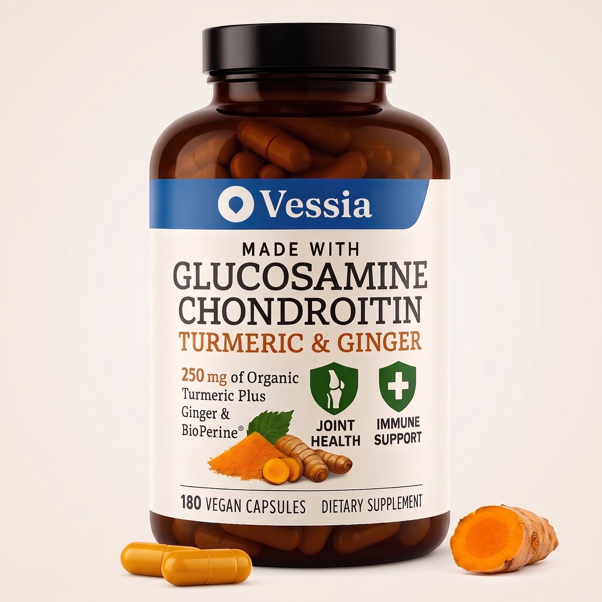 Vessia Glucosamine + Chondroitin with Turmeric & Ginger packaging