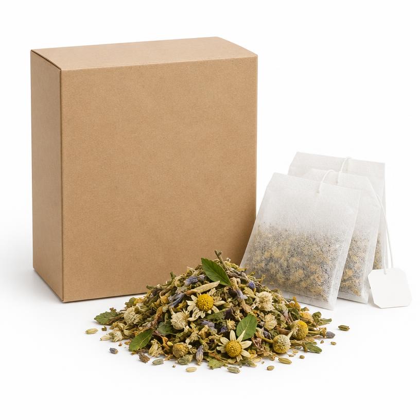 Plain box of herbal detox tea with loose dried herbs