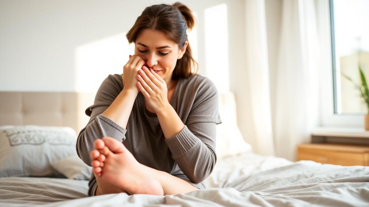 Woman sitting on the edge of her bed pressing her puffy face and swollen ankle
